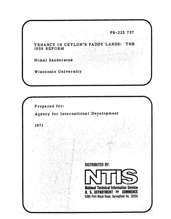 Tenancy in Ceylon"s Paddy Lands, the 1958 reform