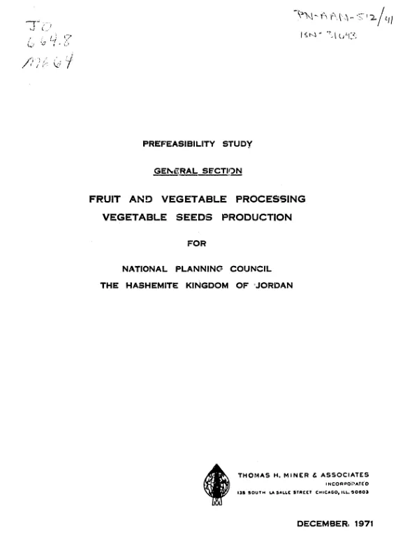 Prefeasibility study : fruit and vegetable processing vegetable seeds production