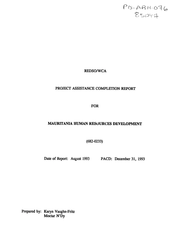 REDSO/WCA project assistance completion report for Mauritania human resources development (682-0233)