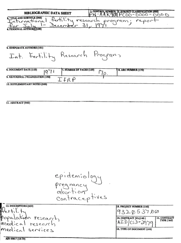 International fertility research program; report for July 1-December 31, 1971