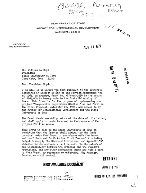 AID grant no. AID/csd-3294 to the State University of Iowa in support of the comparative legislative studies project