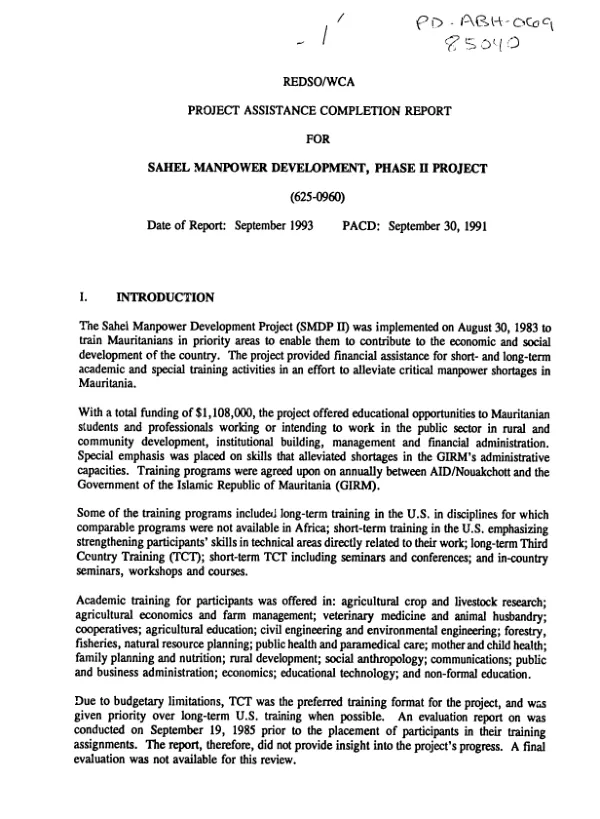 REDSO/WCA project assistance completion report for Sahel manpower development, phase II project (625-0960)