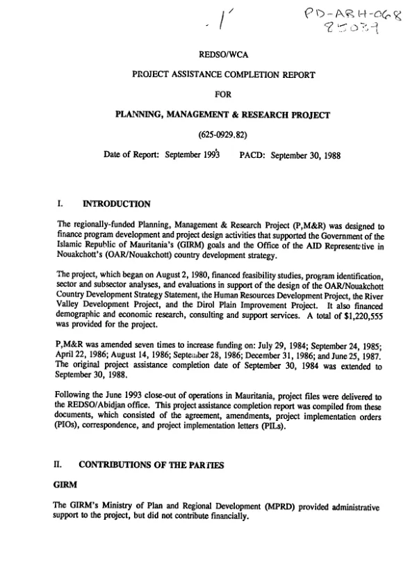 REDSO/WCA project assistance completion report for planning, management and research project (625-0929.82)