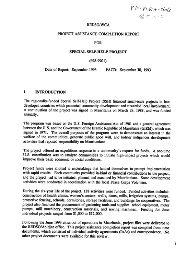 REDSO/WCA project assistance completion report for special self-help project (698-9901)