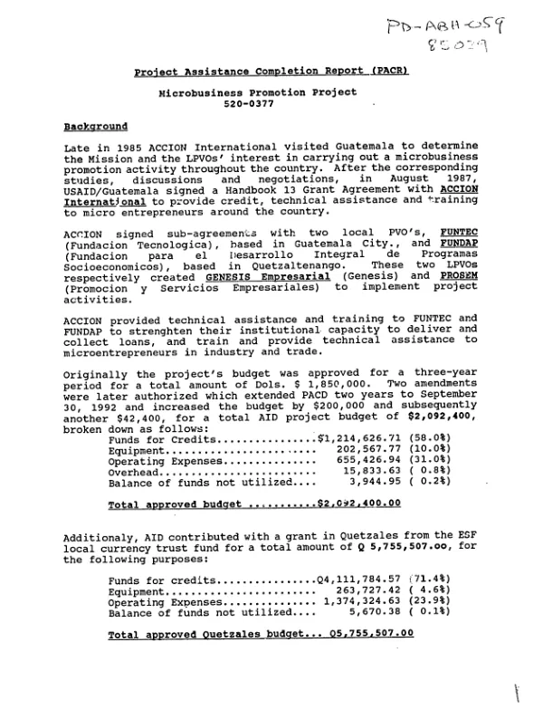 Project assistance completion report (PACR) : microbusiness promotion project, 520-0377