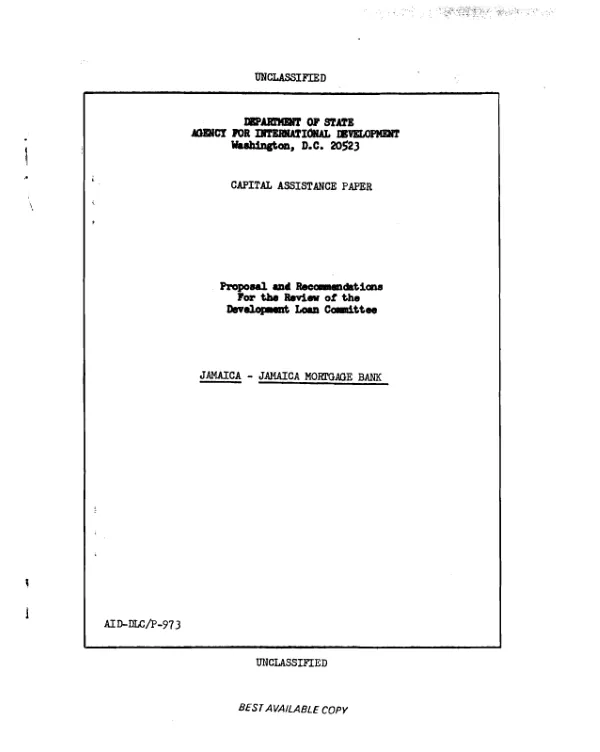 Capital assistance paper : Jamaica -- Jamaica mortgage bank