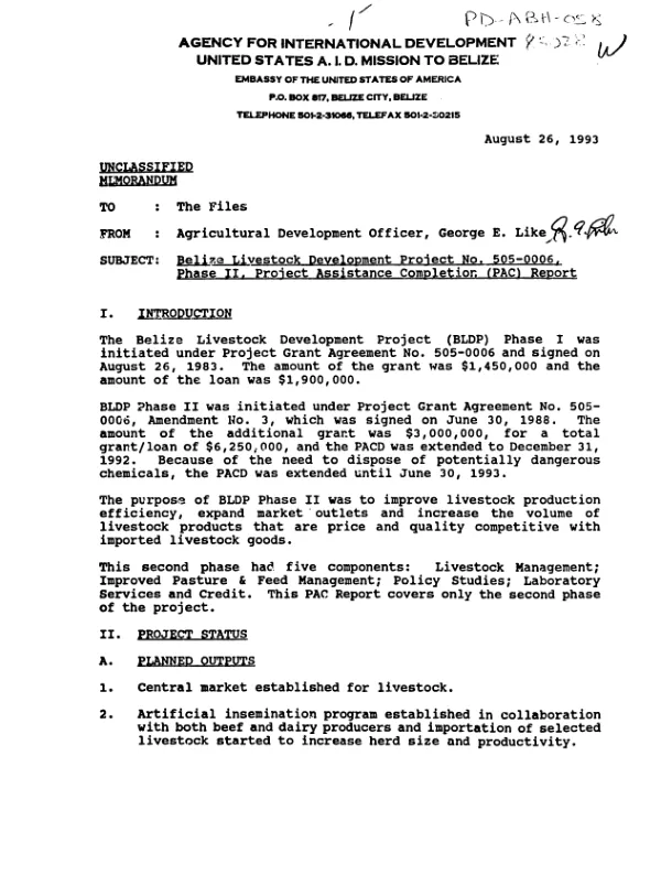 Belize livestock development project no. 505-0006, phase II : project assistance completion (PAC) report