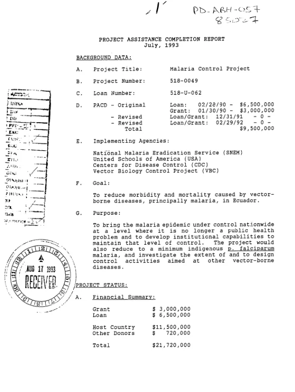 Project assistance completion report : malaria control project