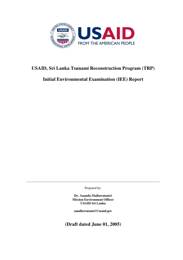 USAID, Sri Lanka tsunami reconstruction program (TRP) initial environmental examination (IEE) report