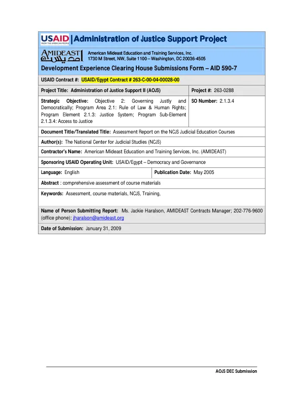 Assessment report on the NCJS judicial education courses