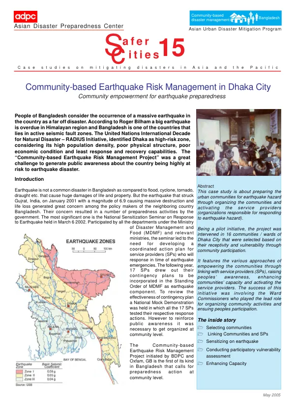 Community-based earthquake risk management in Dhaka City : community empowerment for earthquake preparedness