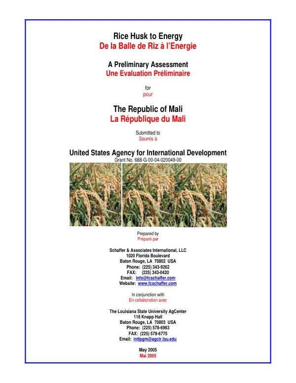 Rice husk to energy : a preliminary assessment for the Republic of Mali = De la balle de riz a l"energie : une evaluation preliminaire pour la Republique du Mali
