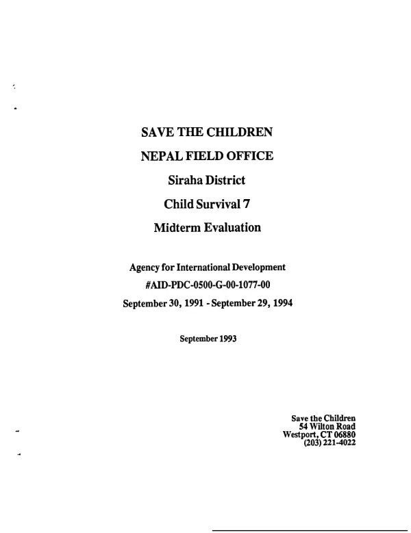 Save the Children, Nepal field office -- Siraha District -- child survival 7 : midterm evaluation