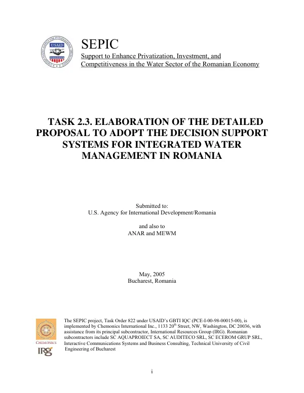 Task 2.3 : elaboration of the detailed proposal to adopt the decision support systems for integrated water management in Romania