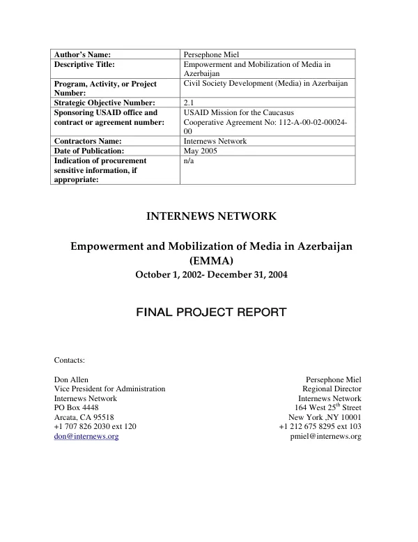 Internews Network : empowerment and mobilization of media in Azerbaijan (EMMA) : October 1, 2002-December 31, 2004 -- final project report