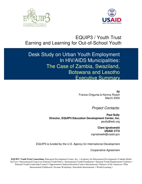Desk study on urban youth employment in HIV/AIDS municipalities : the case of Zambia, Swaziland, Botswana and Lesotho -- executive summary