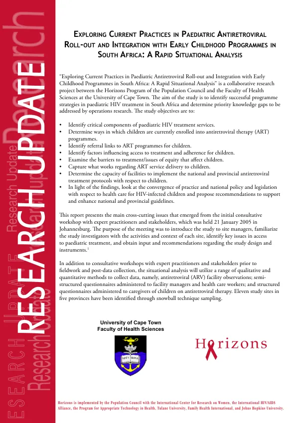 Exploring current practices in paediatric antiretroviral roll-out and integration with early childhood programmes in South Africa : a rapid situational analysis