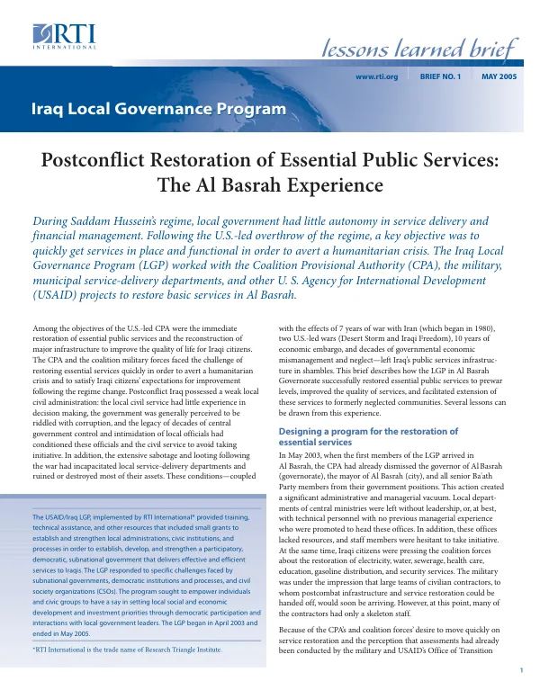 Post conflict restoration of essential public services : the Al Basrah experience