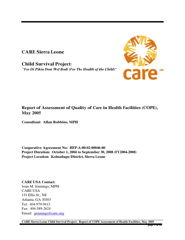 Report of assessment of quality of care in health facilities (CORE)