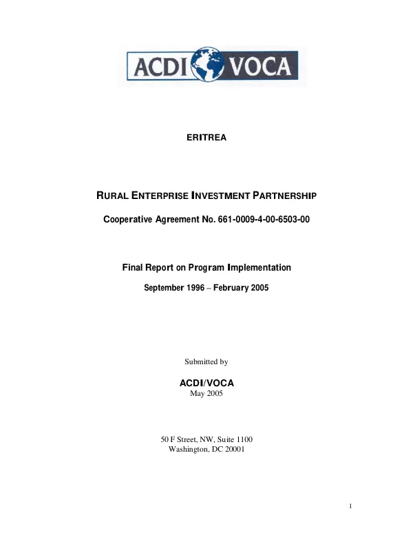 Eritrea : rural enterprise investment partnership -- cooperative agreement no. 661-0009-4-00-6503-00 [i.e. 661-0009-A-00-6503-00] : final report on program implementation, September 1996-February 2005