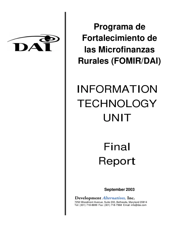 Programa de fortalecimiento de las microfinanzas rurales (FOMIR/DAI) : information technology unit -- final report