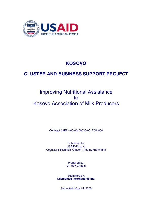 Kosovo cluster and business support project : improving nutritional aassistance to Kosovo Association of Milk Producers