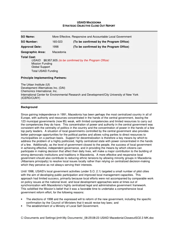 USAID/Macedonia : strategic objective close out report -- more effective responsive and accountable local government