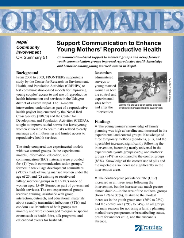 Support communication to enhance young mothers" reproductive health