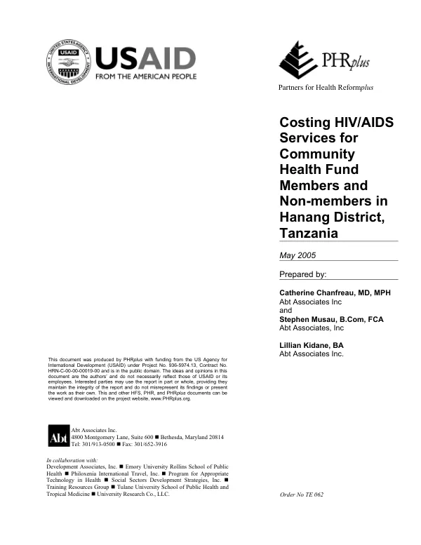 Costing HIV/AIDS services for community health fund members and non-members in Hanang District, Tanzania