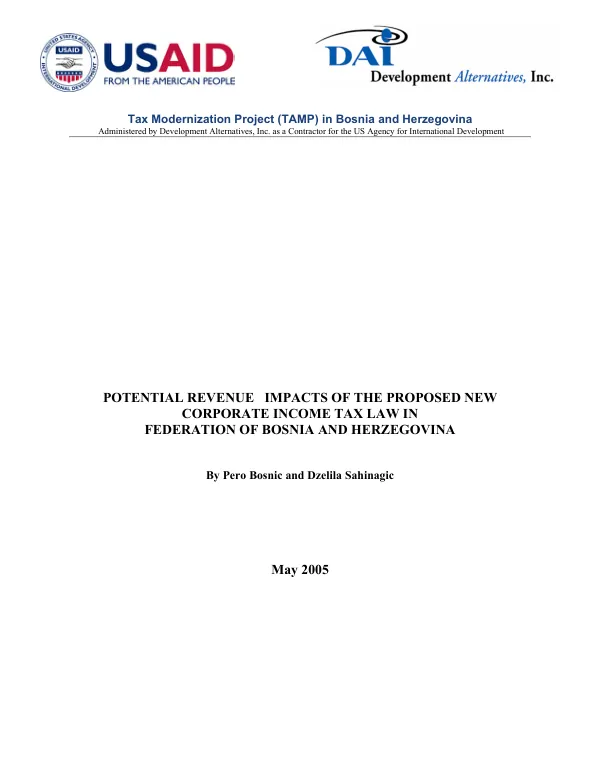 Potential revenue impacts of the proposed new corporate income tax law in [the] Federation of Bosnia and Herzegovina