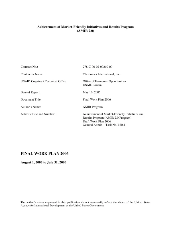 Achievement of market-friendly initiatives and results program (AMIR 2.0) : final work plan 2006, August 1, 2005 to July 31, 2006