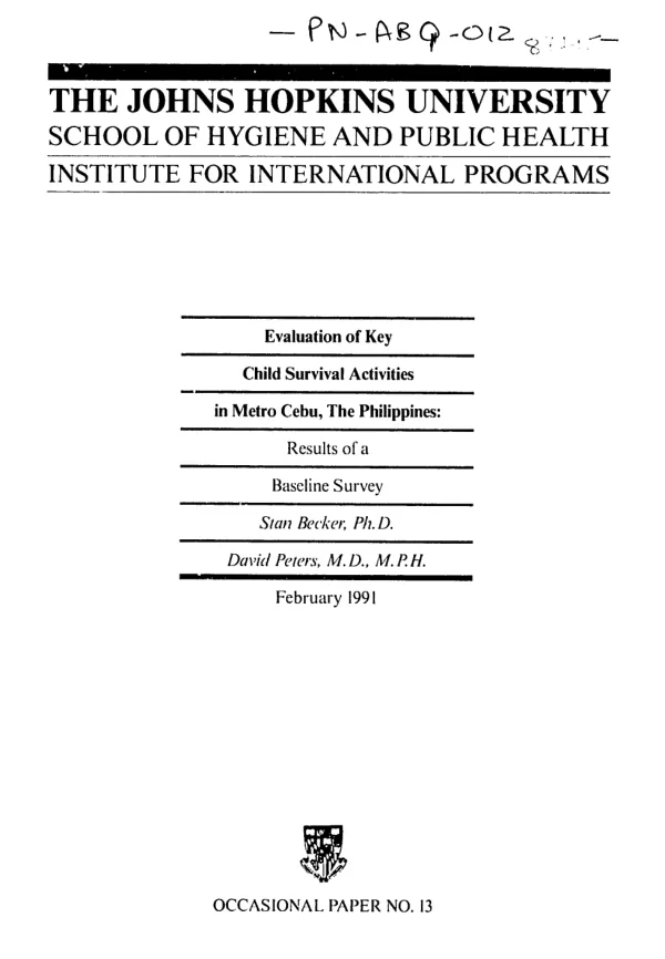 Evaluation of key child survival activities in Metro Cebu, the Philippines : results of a baseline survey