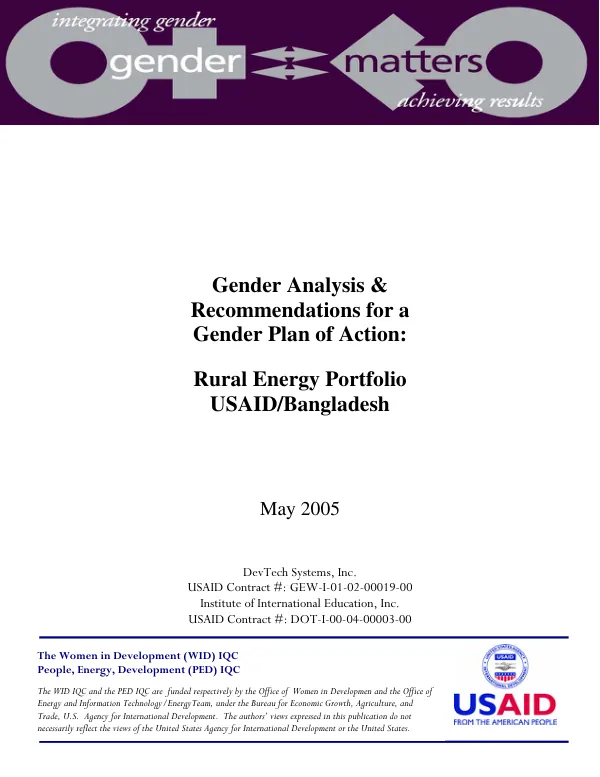 Gender analysis & recommendations for a gender plan of action : rural energy portfolio -- USAID /Bangladesh