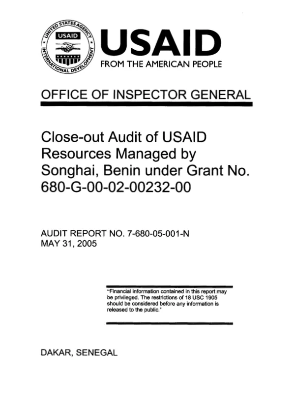 Close-out audit of USAID resources managed by Songhai, Benin under grant no. 680-G-00-02-00232-00