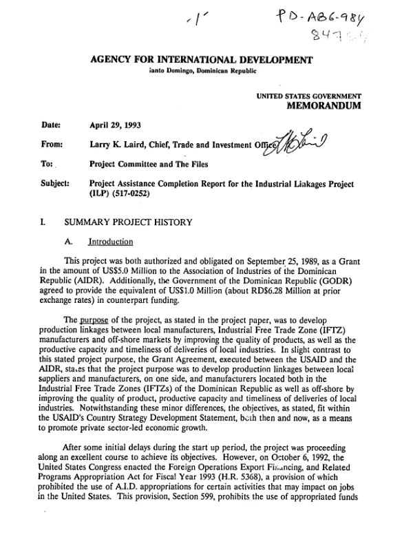 Project assistance completion report for the industrial linkages project (ILP) (517-0252)