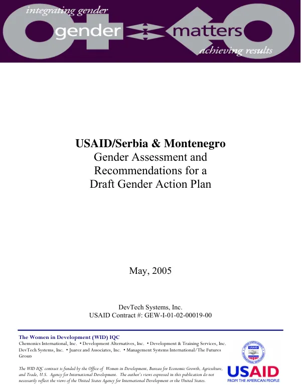 USAID/Serbia & Montenegro : gender assessment and recommendations for a draft gender action plan