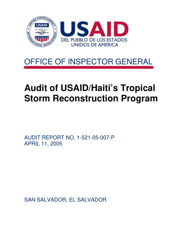Audit of USAID/Haiti"s tropical storm reconstruction program