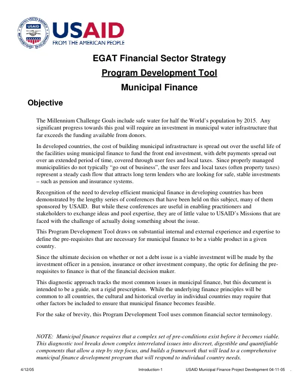 EGAT financial sector strategy program development tool : municipal finance