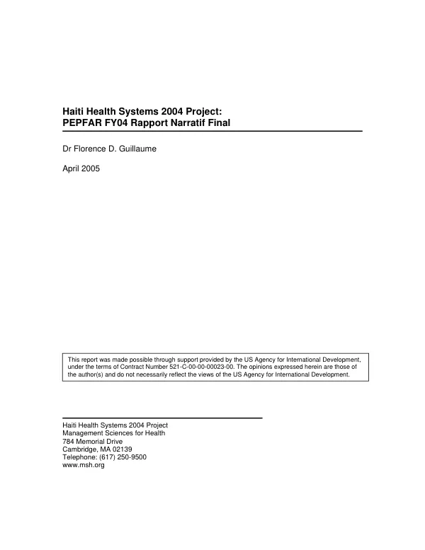 Haiti health systems 2004 project : PEPFAR FY04 rapport narratif final