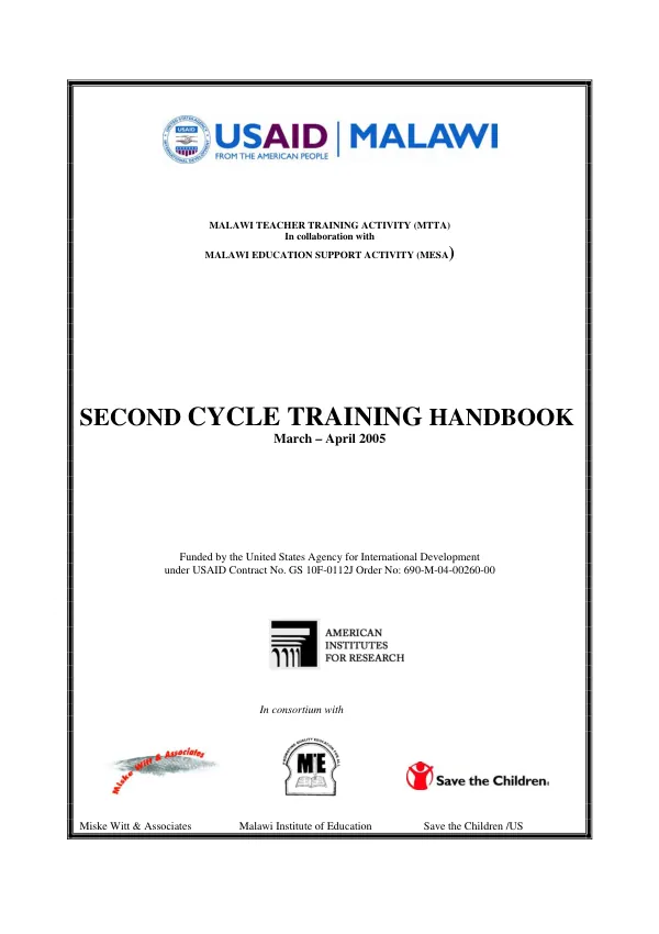 Malawi teacher training activity (MTTA) in collaboration with Malawi education support activity (MESA) : second cycle training handbook