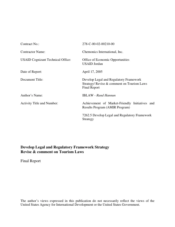 Develop legal and regulatory framework strategy/revise & comment on tourism laws : final report