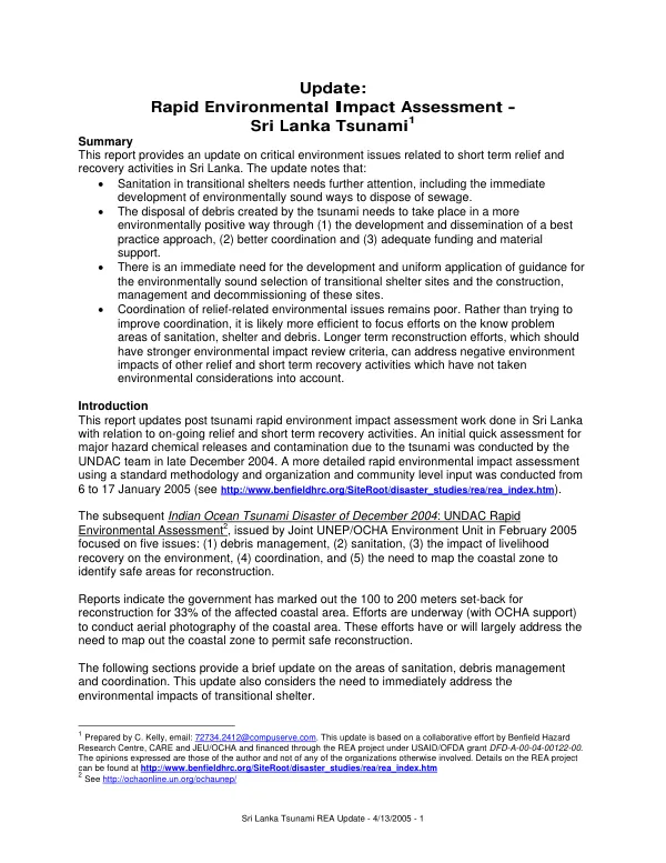 Update : rapid environmental assessment -- Sri Lanka tsunami