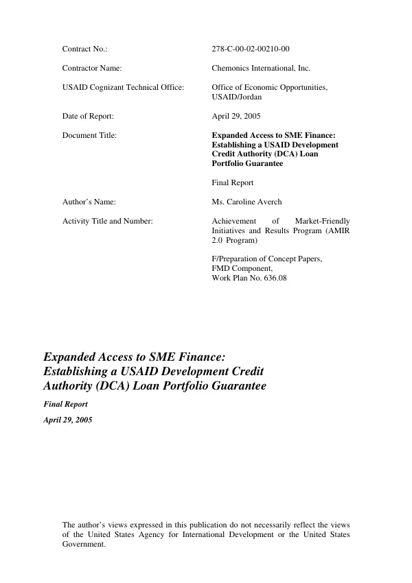 Expanded access to SME finance : establishing a USAID development credit authority (DCA) loan portfolio guarantee