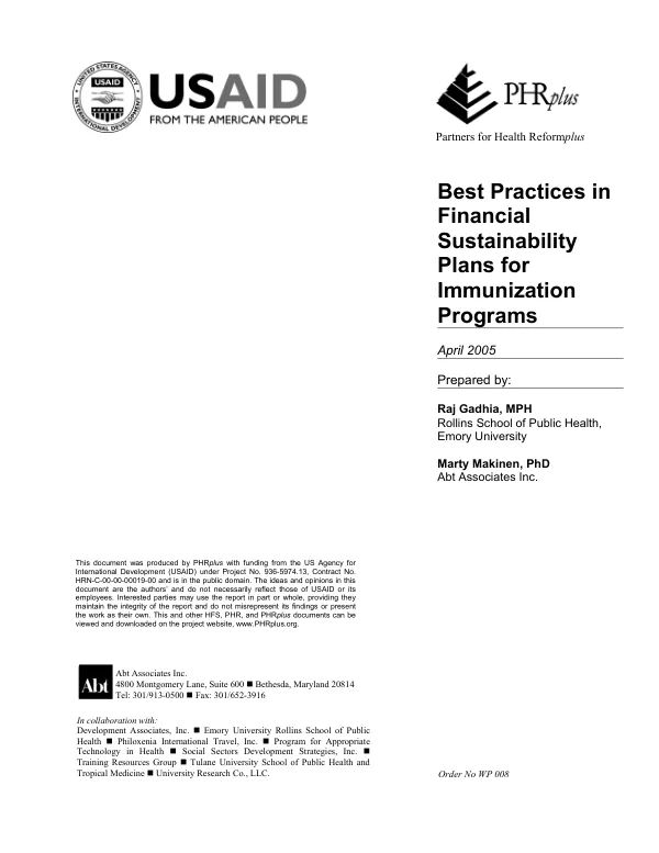 Best practices in financial sustainability plans for immunization programs