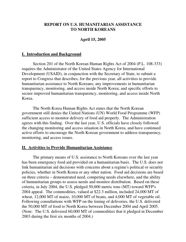Report on U.S. humanitarian assistance to North Koreans