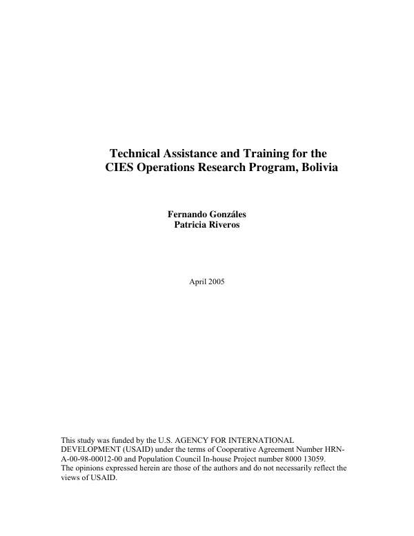 Technical assistance and training for the CIES [Centro de Investigacion, Educacion y Servicios = Center for Research, Education, and Services] operations research program, Bolivia