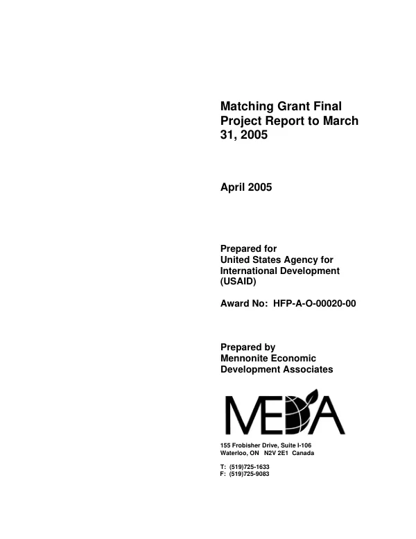 Matching grant final project report to March 31, 2005, award no. HFP-A-00-01-00020-00