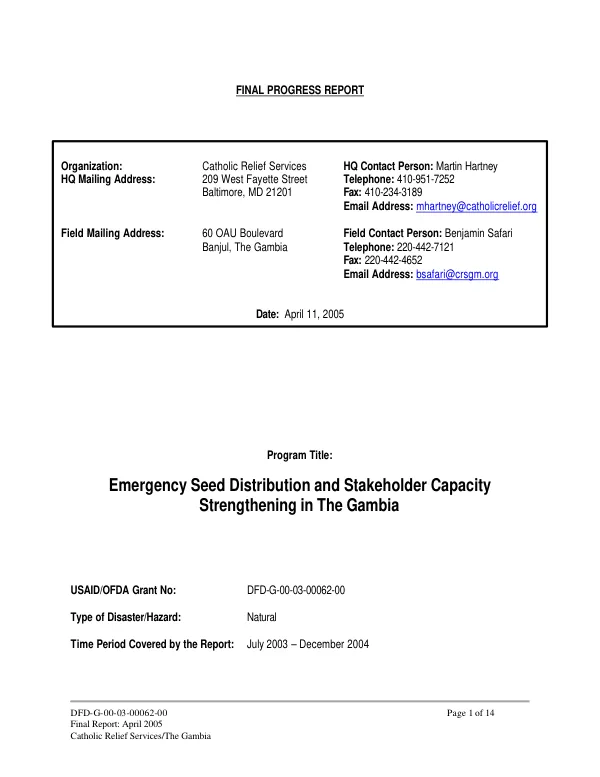 Final progress report : emergency seed distribution and stakeholder capacity strengthening in The Gambia -- DFD-G-00-03-00062-00 : July 2003-December 2004