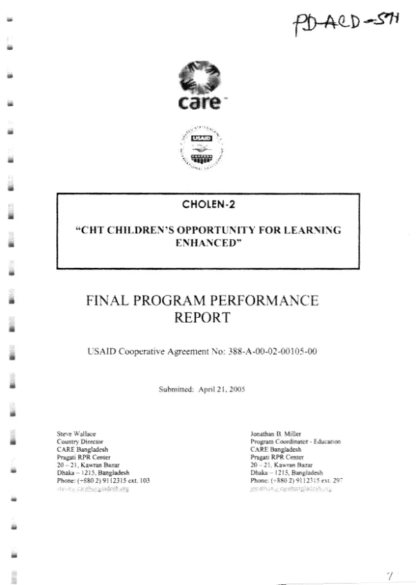 CHOLEN-2 : "CHT [Chittagong Hill Tracts] children"s opportunity for learning enhanced" -- final program performance report : USAID cooperative agreement no. 388-A-00-02-00105-00