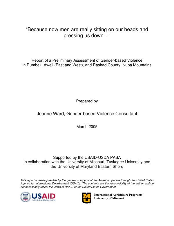 Report of a preliminary assessment of gender-based violence in Rumbek, Aweil (East and West), and Rashad County, Nuba Mountains